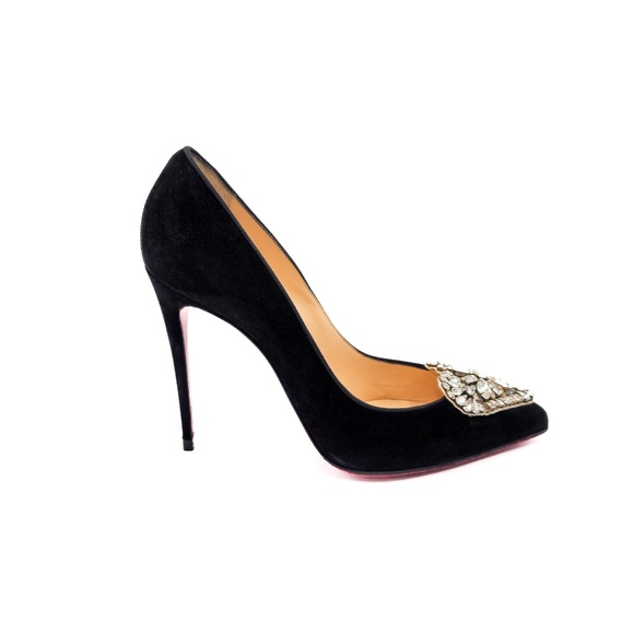 Christian Louboutin Crystal Heart Studded Black Suede Pumps Heels EU 37.5 - Picture 2 of 9